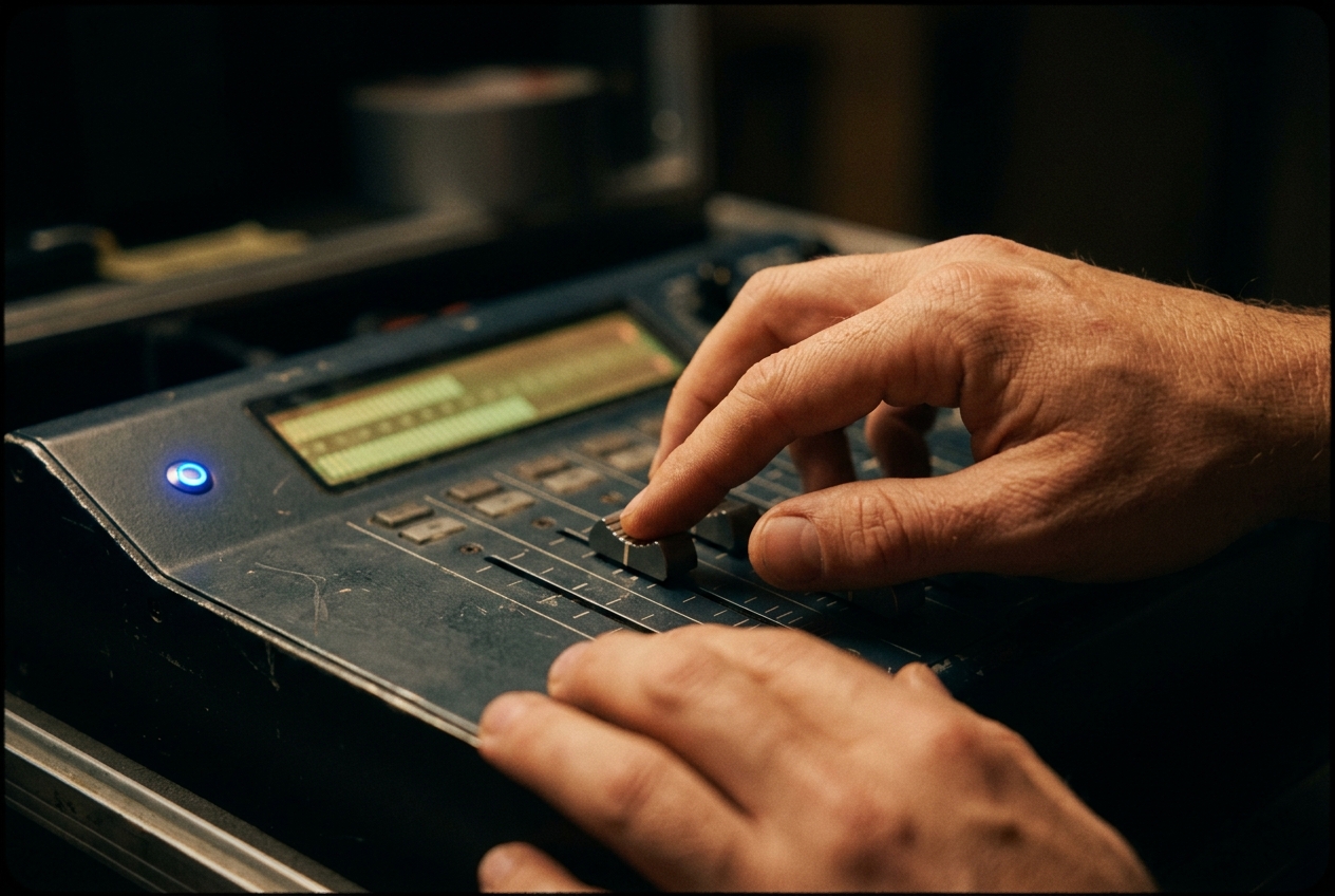 A sound mixer's hands working the faders of a location recorder mid-take.