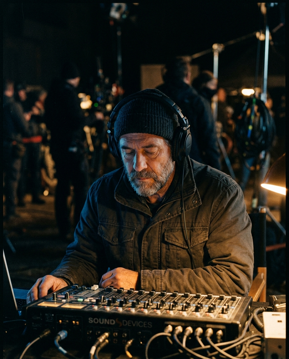 A production sound mixer listening intently through headphones, lit by the glow of his meters.