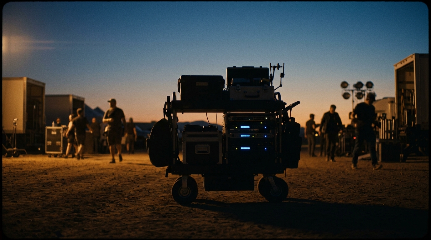 A film set wrapping at dusk, the sound cart's meters glowing blue against an amber sky.