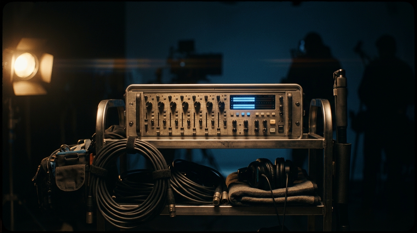 A production sound cart at rest on a darkened film set, its recorder meters glowing faint blue.