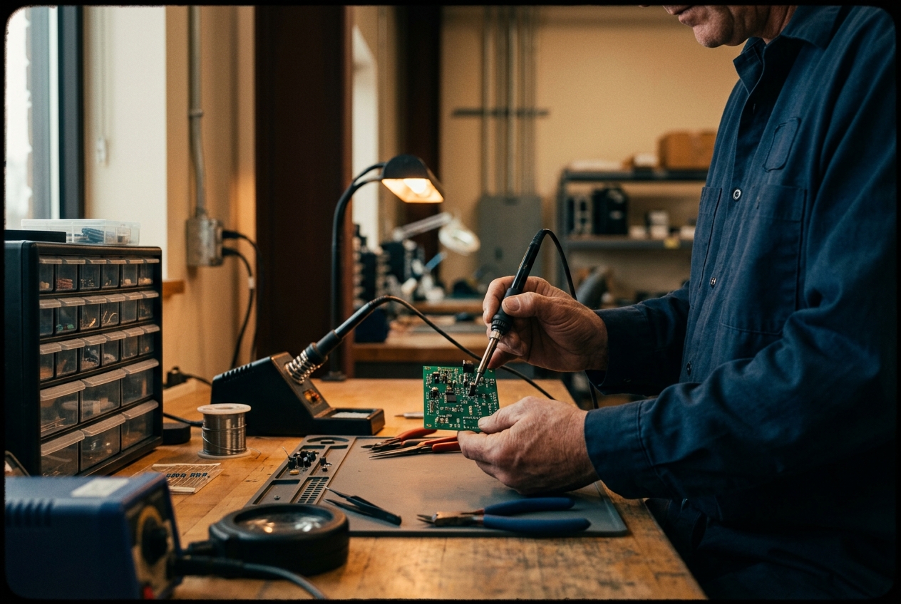 Skilled hands assembling a precision audio circuit board at a workbench in Reedsburg, Wisconsin.