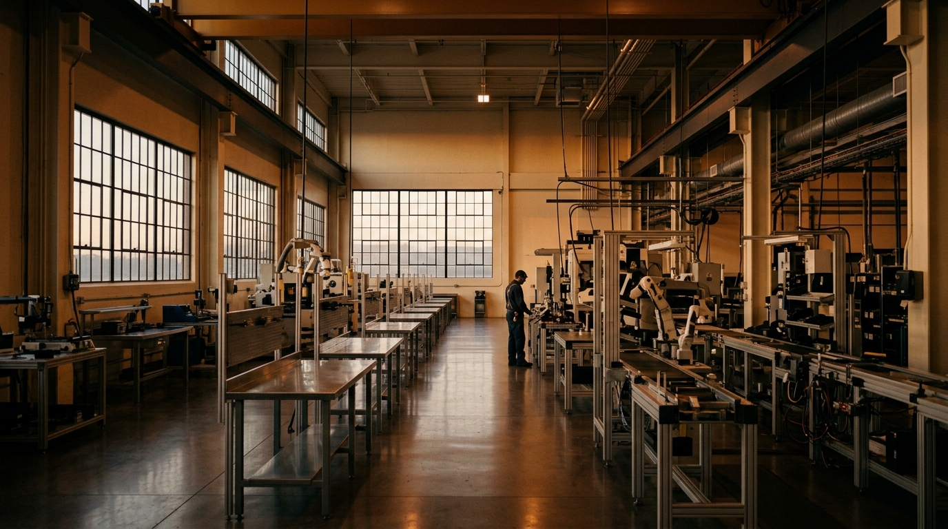 A quiet precision-audio manufacturing floor at dawn, benches empty and waiting.