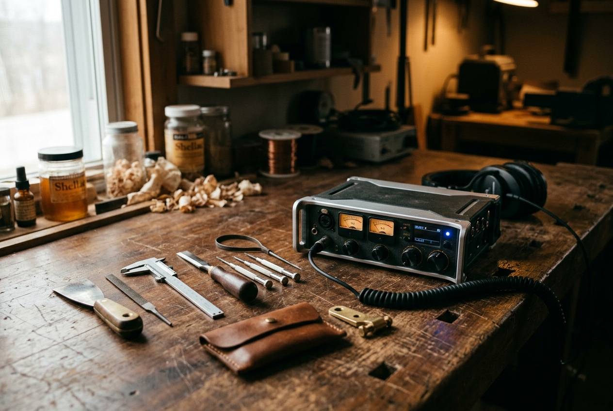 An audio recorder laid out among an artisan's tools, shot like a craft documentary.